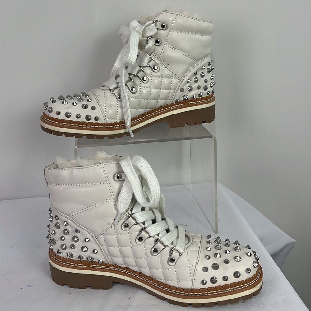 Sam Edleman Cream Studded Quilted Work Boots - Picture 2 of 8